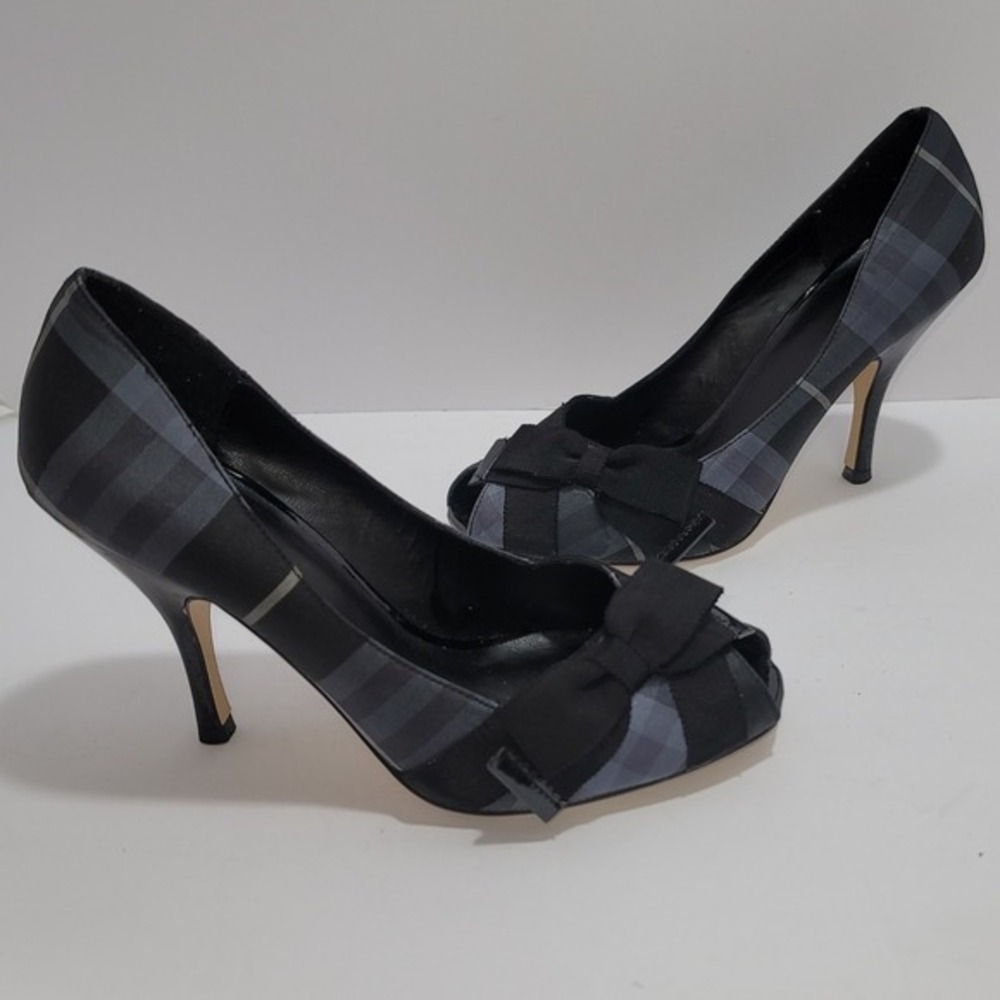 Joey Navy/Black Plaid Peep-Toe Front bow Stiletto Heels Preppy Office Academia 8